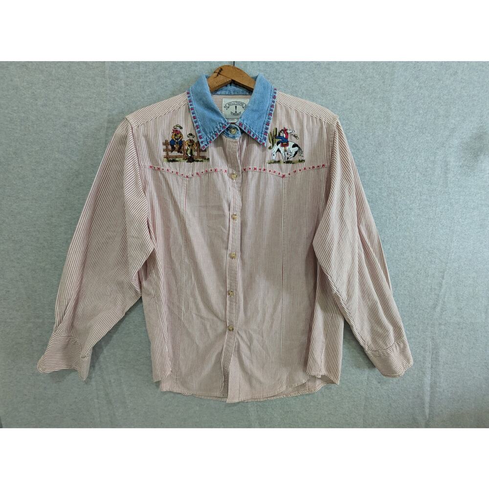 Solutions Original Shirt Women's Medium Red Button Down Top Farm Embroidered VTG